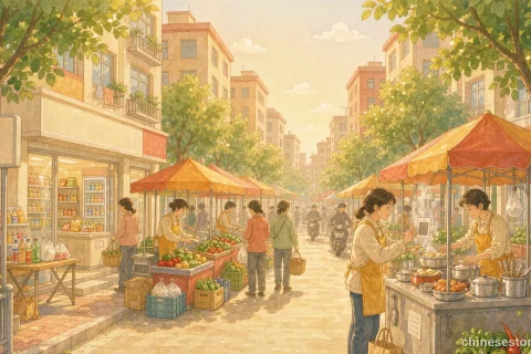 Illustration of a morning street market in China where a customer pays a food stall with a phone