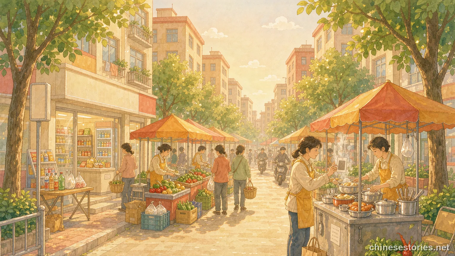 Morning street stalls and phone payment in a Chinese city - Chinese culture illustration