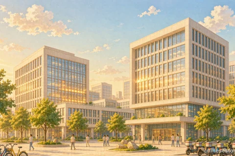 Illustration of modern office towers and delivery scooters at a Chinese technology park