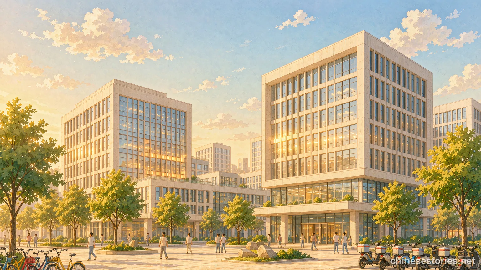 Modern office towers and delivery scooters at a technology park - Chinese culture illustration
