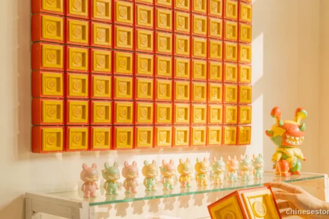 A wall of sealed blind boxes and a shelf of colourful collectible figures in a bright shop - Chinese culture illustration
