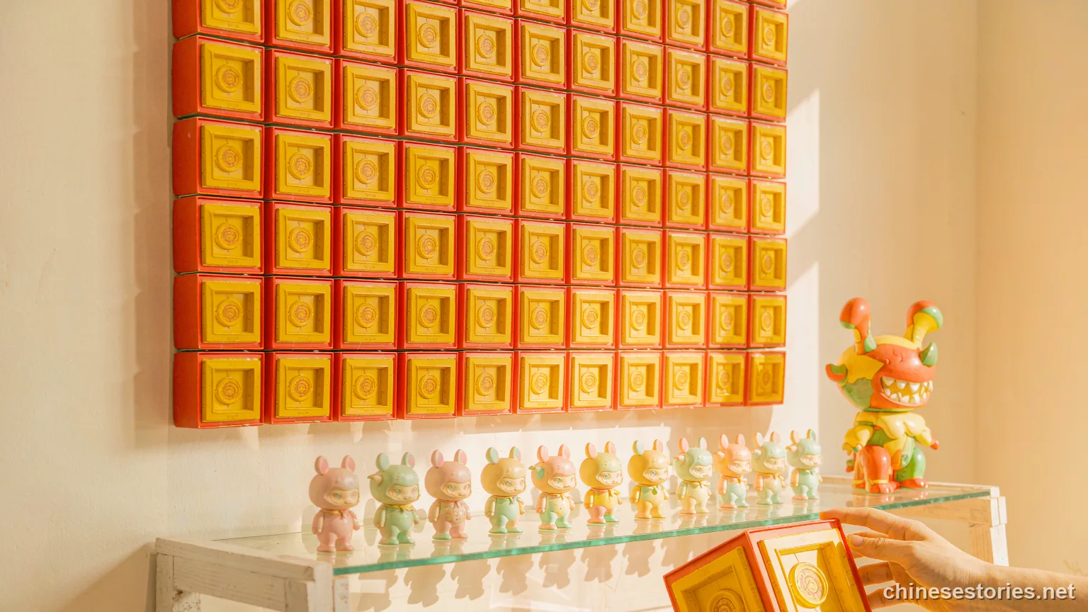 A wall of blind boxes and a shelf of collectible figures - Chinese culture illustration