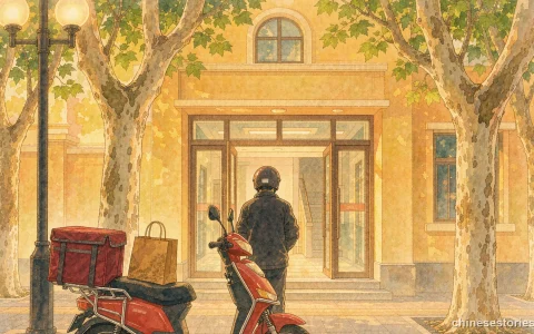 A delivery rider and scooter outside a warm city lobby