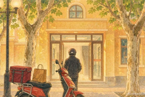 A delivery rider and scooter outside a warm city lobby