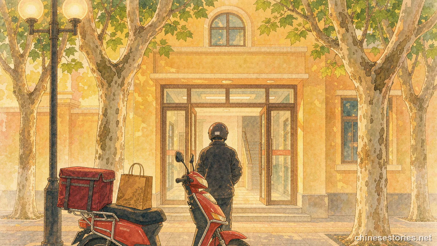 A delivery rider and scooter outside a warm city lobby - Chinese culture illustration