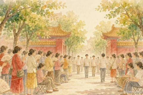 Illustration of parents waiting outside a Chinese school gate on gaokao morning