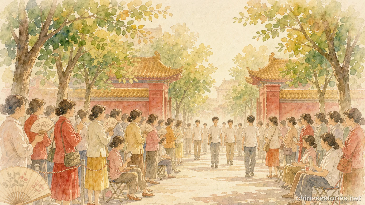 Parents waiting outside a school gate on gaokao morning - Chinese culture illustration