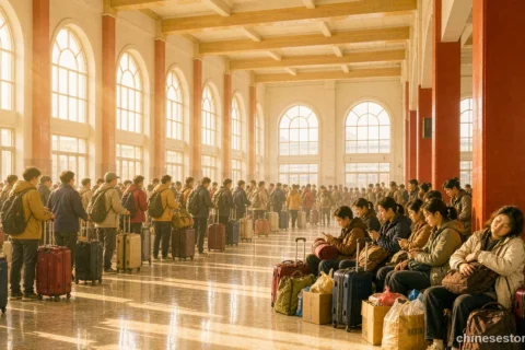 Travellers with luggage waiting in a sunlit railway station hall during China's Golden Week - Chinese culture illustration