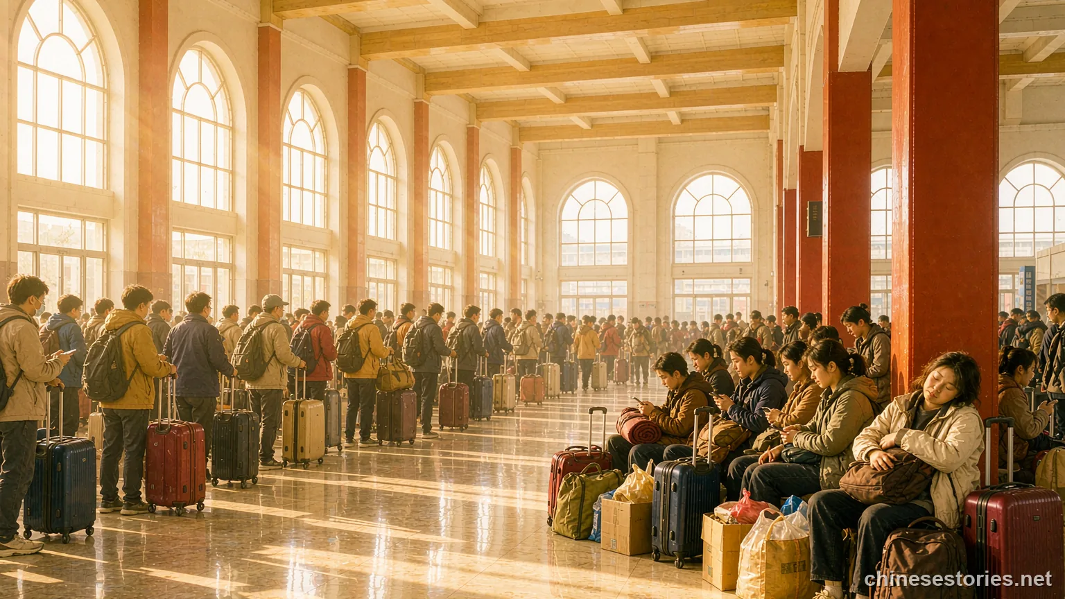 A sunlit railway station hall with travellers and their luggage - Chinese culture illustration