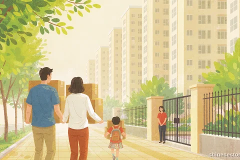 Illustration of a Chinese family carrying moving boxes along a city street toward apartment blocks