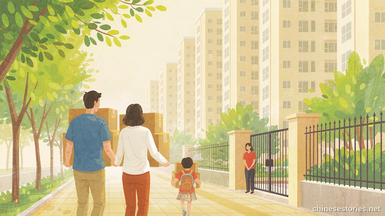 Family with moving boxes walking toward a city apartment block - Chinese culture illustration