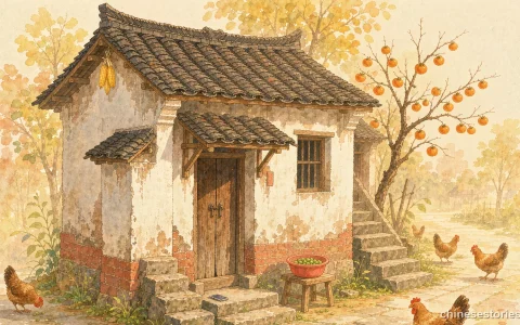 A quiet warm village house with a wooden door and persimmon tree