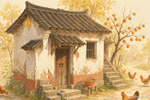A quiet warm village house with a wooden door and persimmon tree