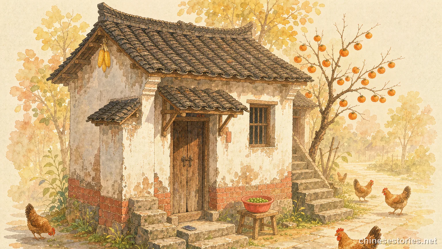 A quiet warm village house with a wooden door and persimmon tree - Chinese culture illustration