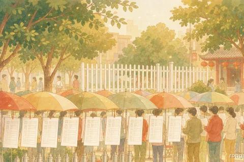 Illustration of parents reading marriage-market profile pages hung on umbrellas in a Chinese public park