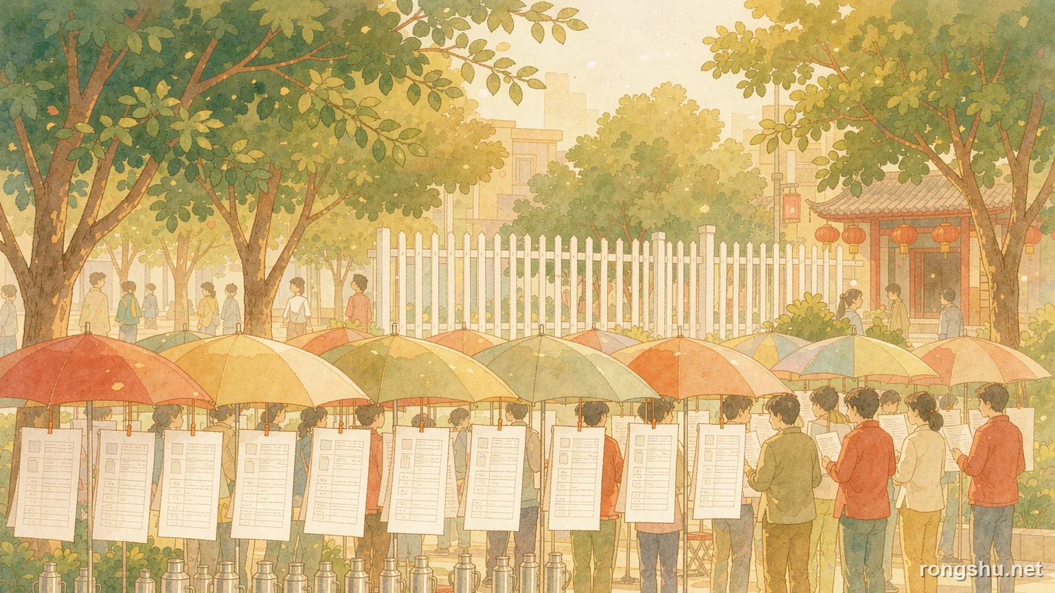 Parents reading marriage-market profiles on umbrellas in a Chinese park - Chinese culture illustration