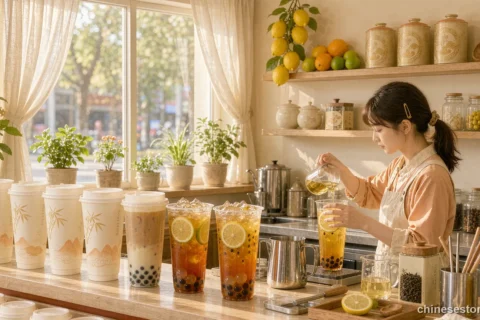 A bright milk tea counter with rows of sealed cups, iced fruit tea and fresh lemons - Chinese culture illustration