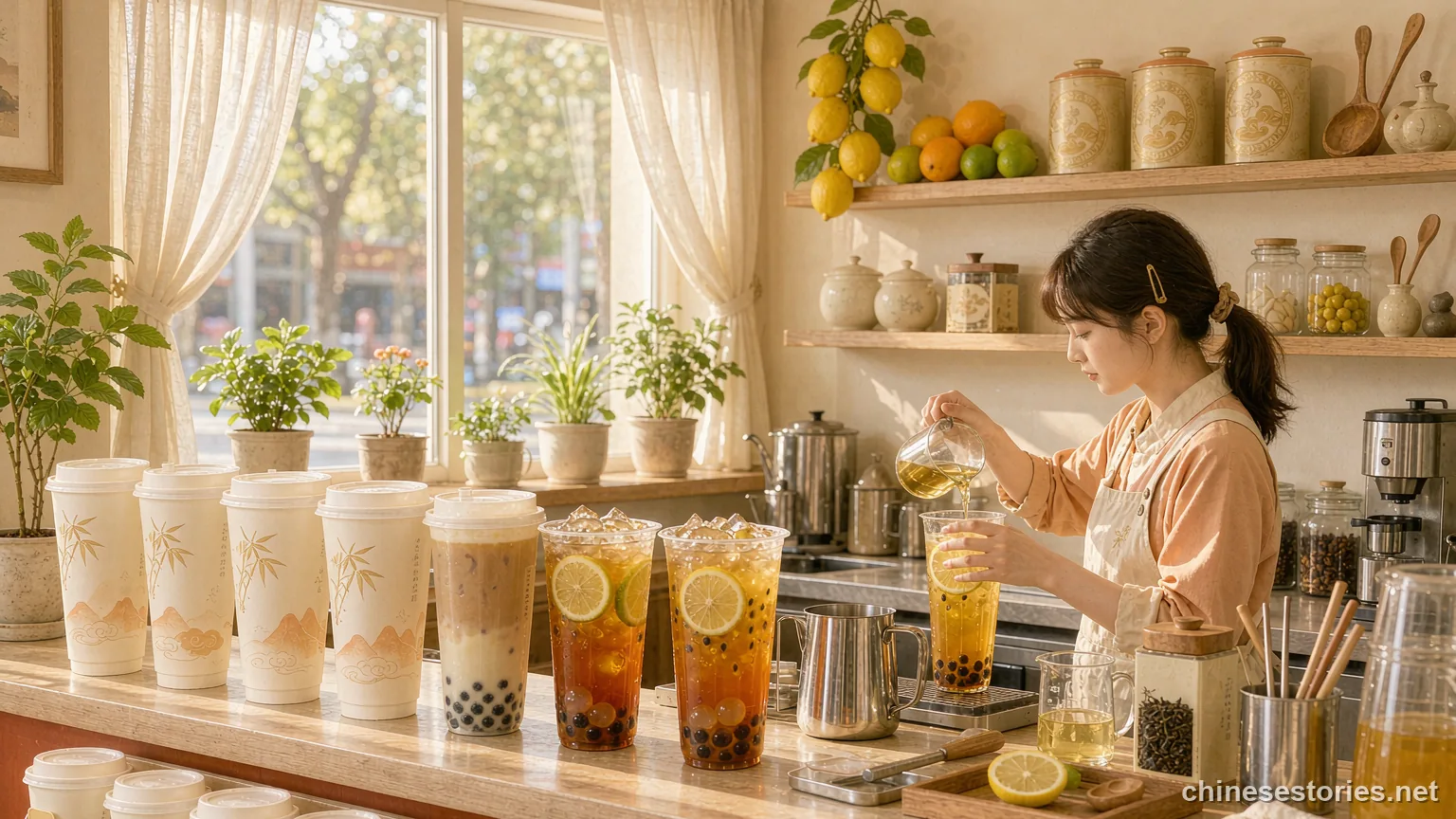 A bright milk tea counter with cups of iced fruit tea - Chinese culture illustration