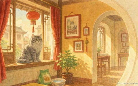 A grey cat on a sunny windowsill in a warm apartment