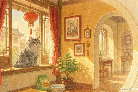 A grey cat on a sunny windowsill in a warm apartment