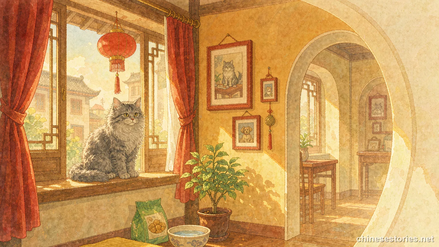 A grey cat on a sunny windowsill in a warm apartment - Chinese culture illustration
