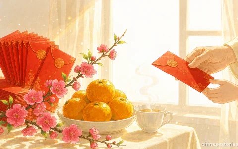 Red envelopes, tangerines and plum blossom on a warm New Year table