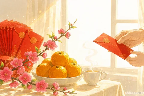 Red envelopes, tangerines and plum blossom on a warm New Year table