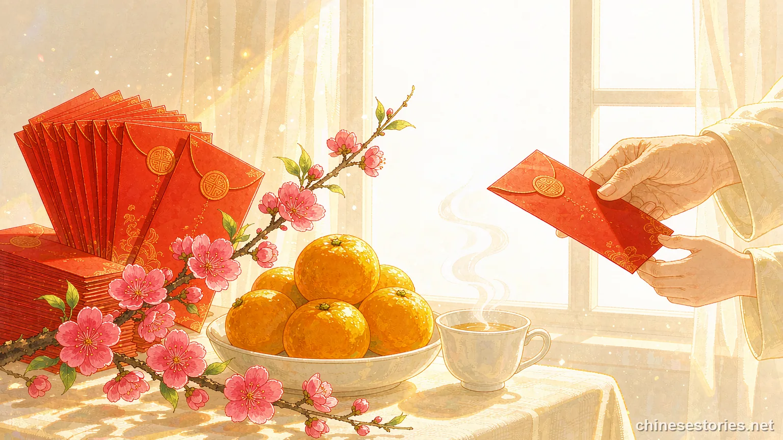 Red envelopes, tangerines and plum blossom on a warm New Year table - Chinese culture illustration