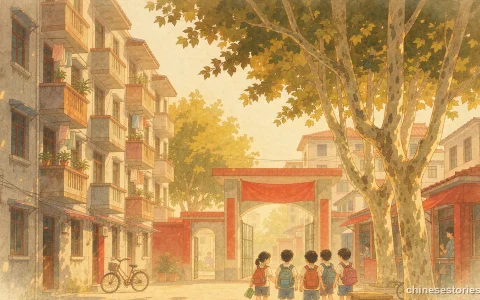 Children walking to a primary school gate in an old warm city lane