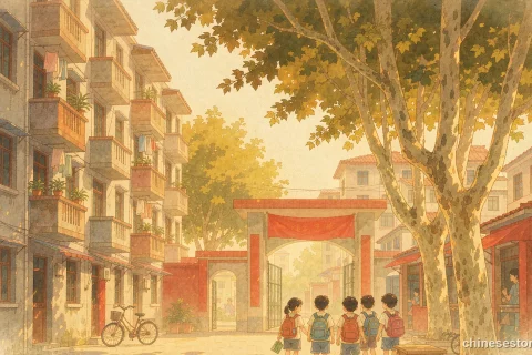 Children walking to a primary school gate in an old warm city lane