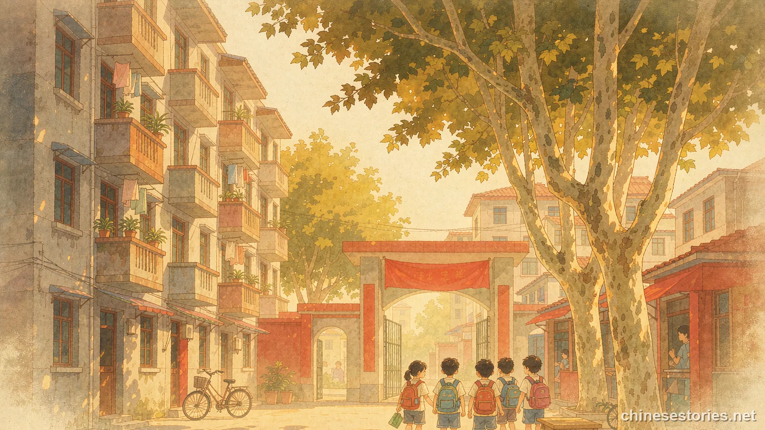 Children walking to a primary school gate in an old warm city lane - Chinese culture illustration