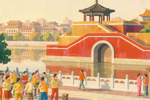 Illustration of Chinese square dancers on a riverside plaza at dusk near a red gate and lake