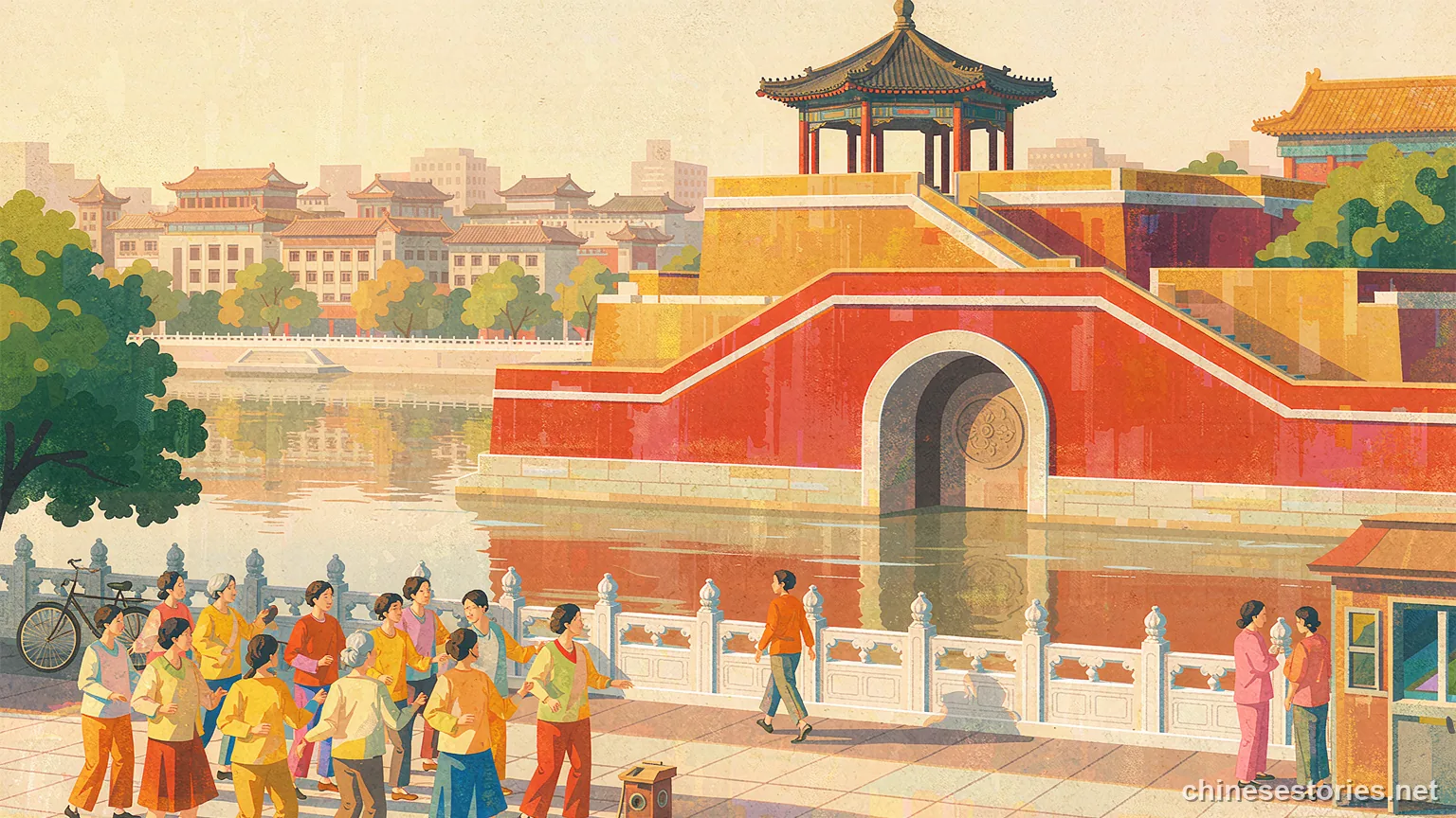 Square dancers on a riverside plaza at golden hour - Chinese culture illustration