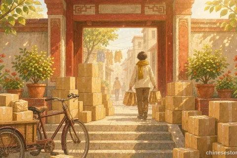 Illustration of stacked delivery parcels at a Chinese neighbourhood doorway during Singles' Day