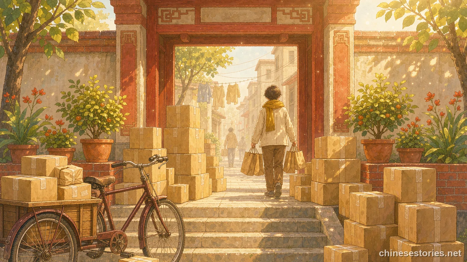 Stacked delivery parcels at a neighbourhood doorway during Singles' Day - Chinese culture illustration