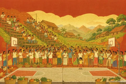 Illustration of a village basketball court with a hillside crowd and terraced hills behind
