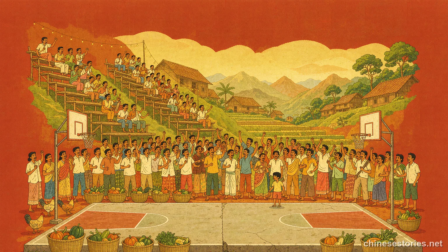 Village basketball court with a hillside crowd at golden hour - Chinese culture illustration