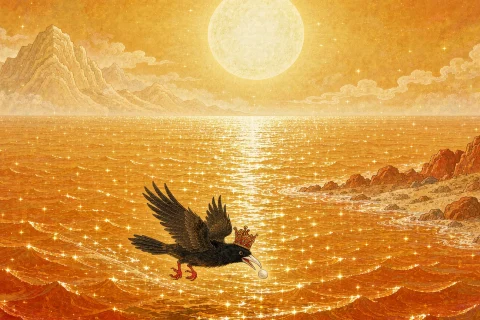 A small crow-like bird with red feet and a white beak carrying a single white pebble low over a vast sun-gold sea - illustration for the Chinese myth of Jingwei filling the sea