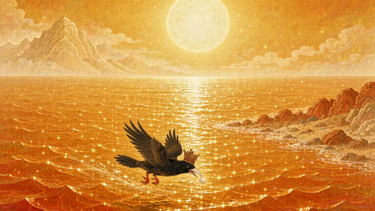 A small crow-like bird with red feet and a white beak carrying a single white pebble low over a vast sun-gold sea - Chinese mythology illustration