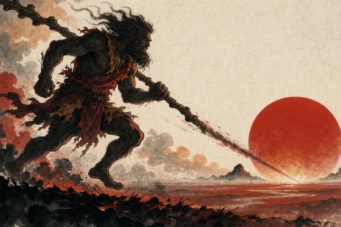A colossal giant sprinting across a scorched plain toward an enormous low red sun, a long staff in his hand and smoke trailing behind him - illustration for the Chinese myth of Kuafu chasing the sun