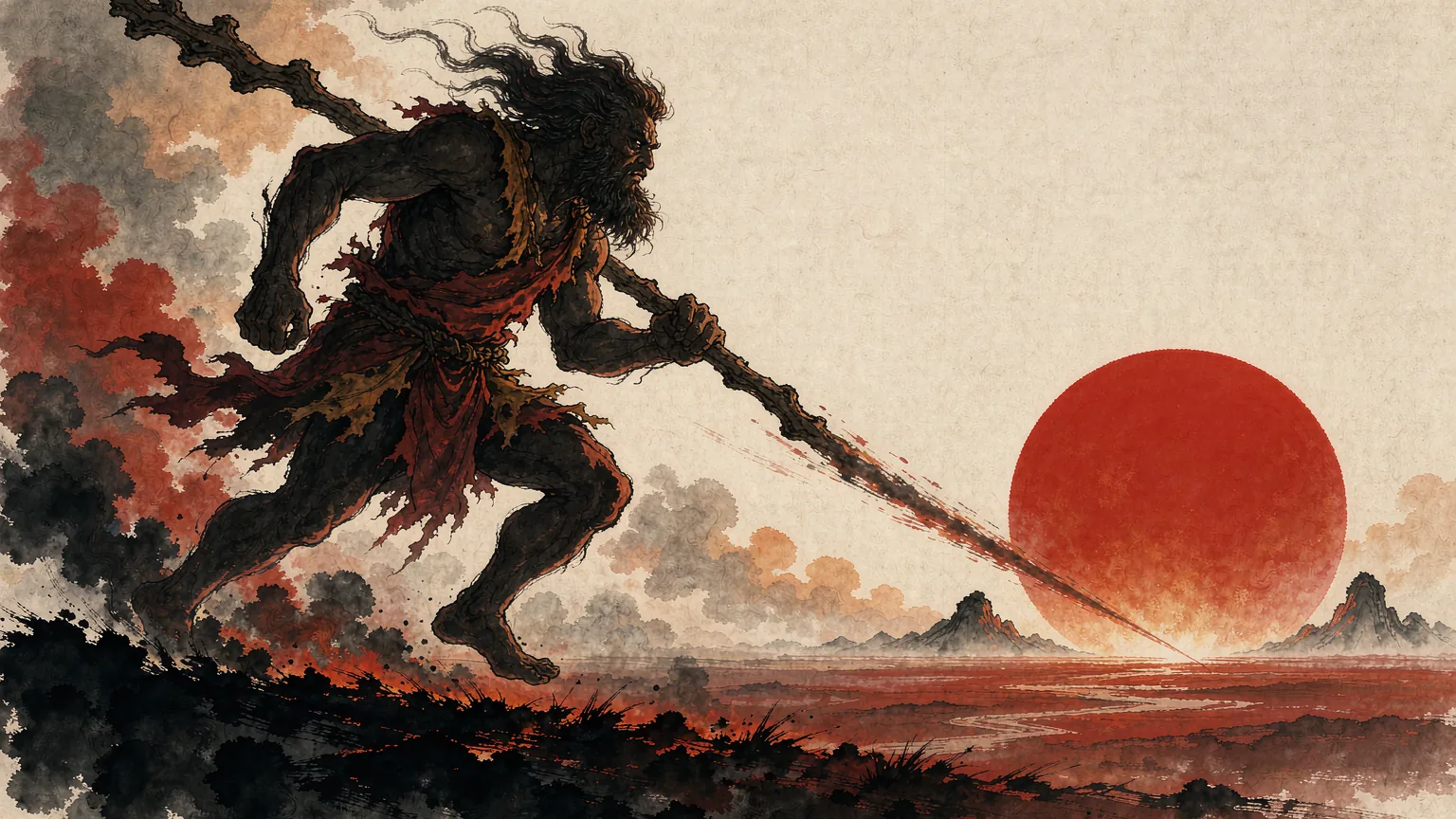 A colossal giant running across a scorched plain toward an enormous red sun with a staff in hand - Chinese mythology illustration