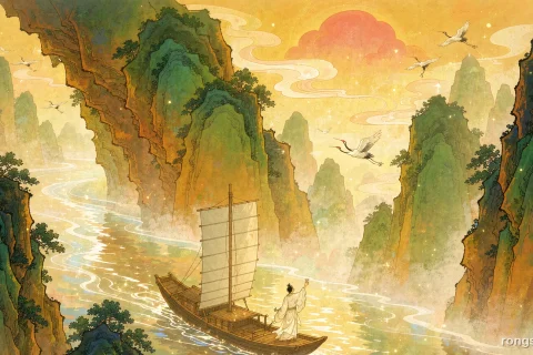 Illustration for a Chinese historical figure story: a light wooden boat with a pale sail drifting down a broad river at golden dawn between tall green cliffs, a lone scholar standing at the bow, morning clouds and white cranes overhead