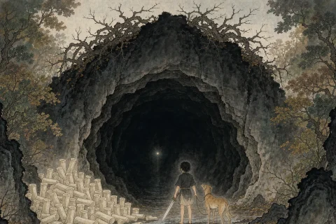 A small girl of about twelve standing at the mouth of a huge black cave at dawn with a sword in her hand and a hunting dog beside her, honey rice cakes piled on the wet ground - illustration for the Chinese legend Li Ji Kills the Serpent