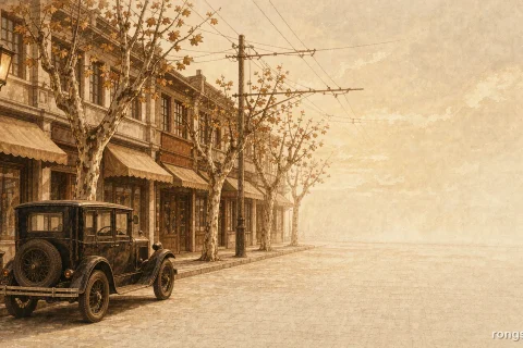 Illustration for a Chinese true crime story: a vintage black motor car parked at the kerb of a warm Shanghai street in 1920 beside a glowing street lamp, with plane trees and shuttered shopfronts and no people
