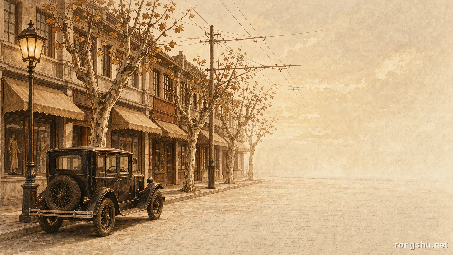 A vintage motor car parked beside a street lamp on a warm Shanghai street in 1920 - Chinese true crime illustration