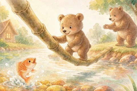 A small brown bear cub stepping carefully across a narrow swaying bamboo bridge over a clear river, a bright little carp jumping from the water, and the mother bear waiting with open arms on the green far bank in warm afternoon light - Chinese bedtime story illustration