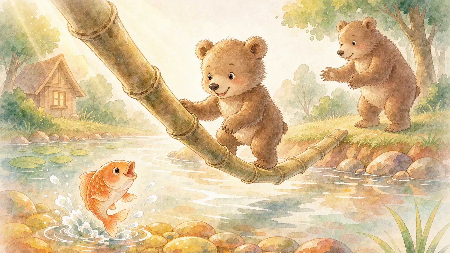 little-bear-crosses-the-bridge-chinese-bedtime-story illustration - Chinese bedtime story illustration