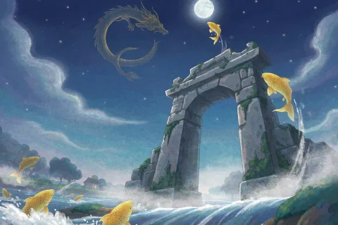 A tall stone dragon gate over a moonlit river with white water rushing down, golden carp leaping, one small golden carp high in the air beside the moon, and a little golden dragon curled up asleep in the clouds - Chinese bedtime story illustration