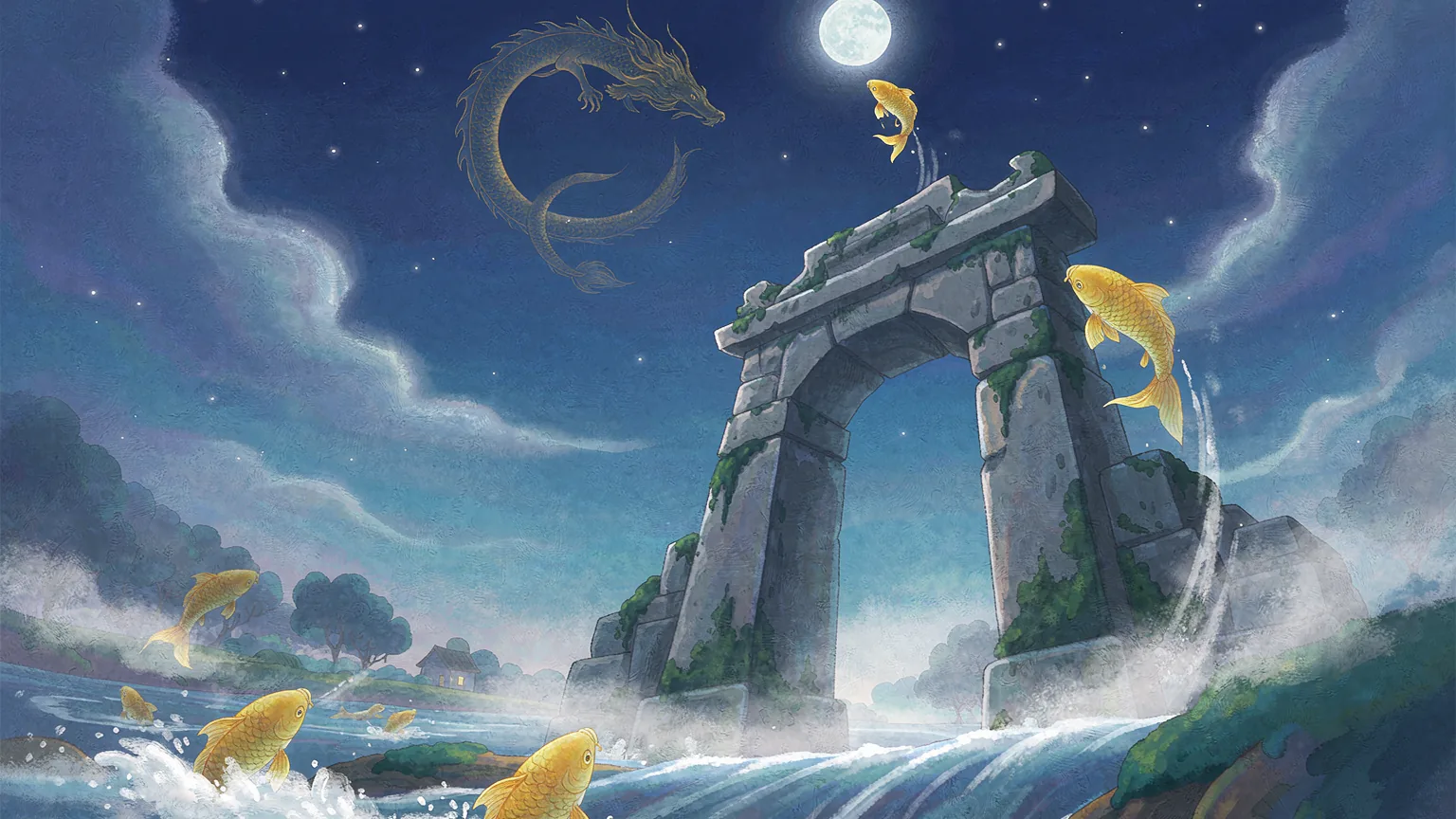 A golden carp leaping beside the moon at a stone dragon gate - Chinese bedtime story illustration