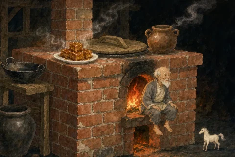A tiny old man with a long white beard sitting on the edge of a brick stove in a dark Chinese kitchen at night, a white plate of sticky golden sweets, a small white paper horse on the floor, warm red firelight - Chinese bedtime story illustration